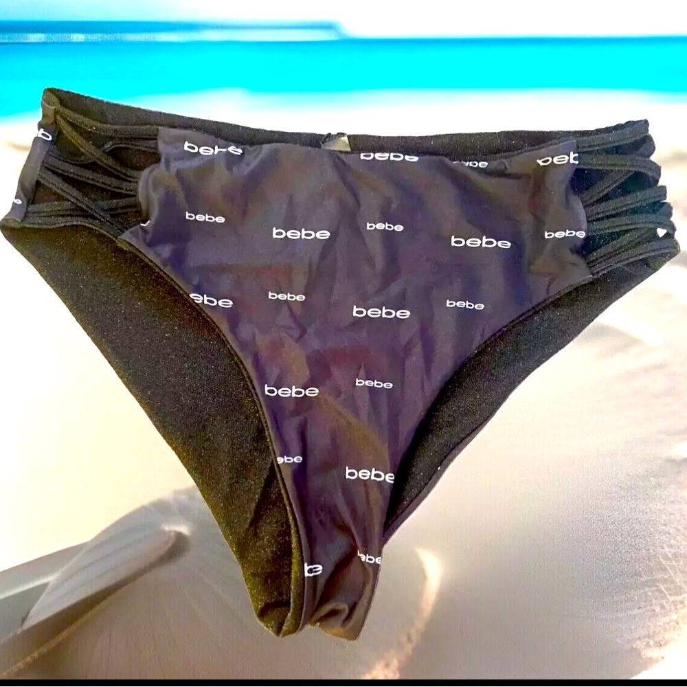 🖤BEBE🖤 REVERSIBLE LOGO SPARKLE CUTOUT SIDES BIKINI BOTTOM NWOT💦